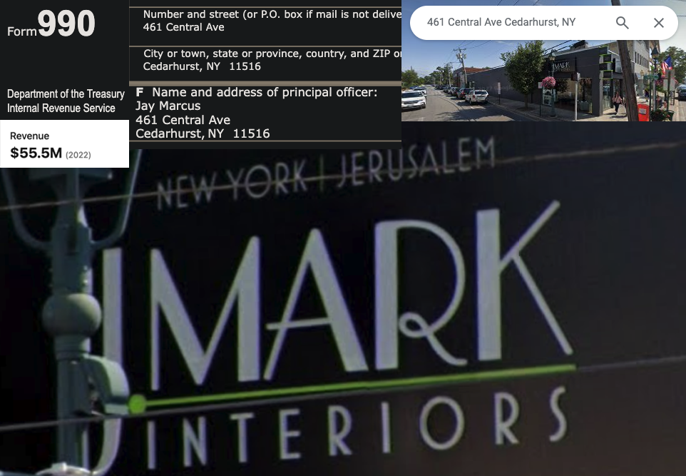 Photo combining the IRS form 990 for The Central Fund of Israel next to an image of the address listed, which is an interior design firm named JMARK.