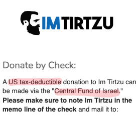 Screenshot from the website of Im Tirtzu showing that they use The Central Fund of Israel to receive tax-deductible donations from the US.