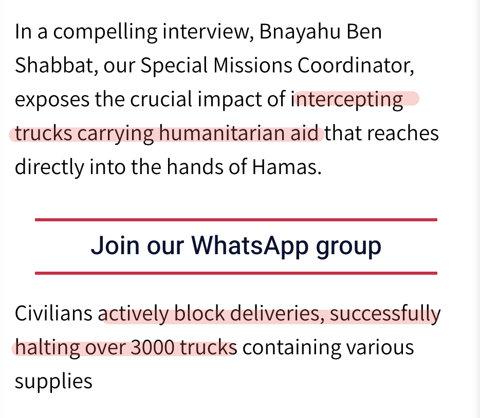 Screenshot: In a compelling interview, Bnayahu Ben Shabbat, our Special Missions Coordinator, exposes the crucial impact of intercepting trucks carrying humanitarian aid that reaches directly into the hands of Hamas. Civilians actively block deliveries, successfully halting over 3000 trucks containing various supplies